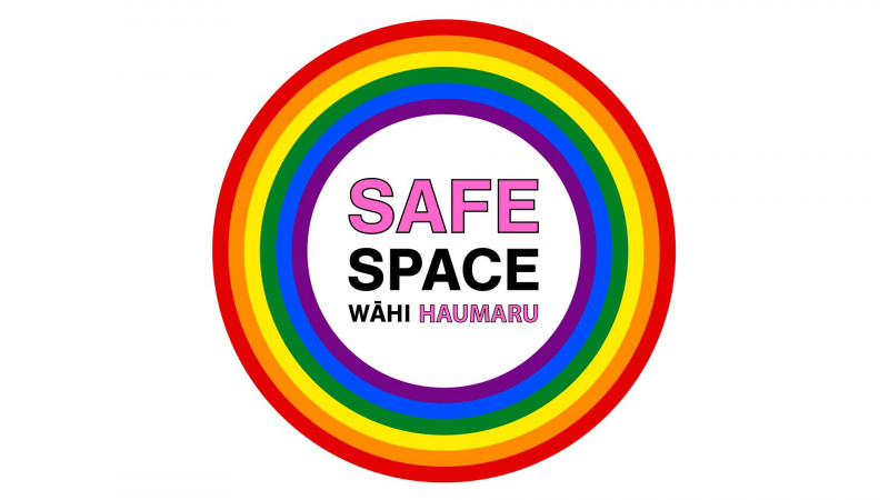 Safe spaces logo a rainbow circle with the words 'Safe Space, wāhi haumaru'